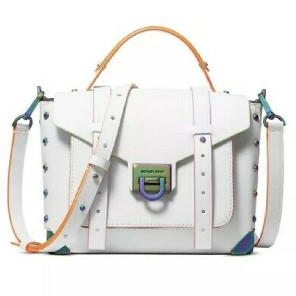MICHAEL KORS MANHATTAN MEDIUM OPTIC WHITE NEON CROSSBODY SCHOOL SATCHEL BAG NWT! - Picture 2 of 15